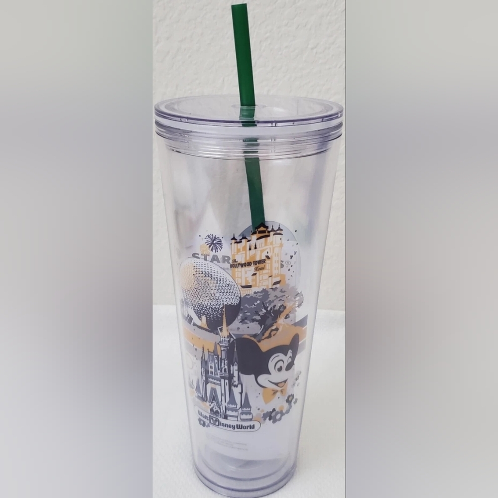 Walt Disney World 50th Anniversary Starbucks Clear Plastic Tumbler w/Straw 24oz